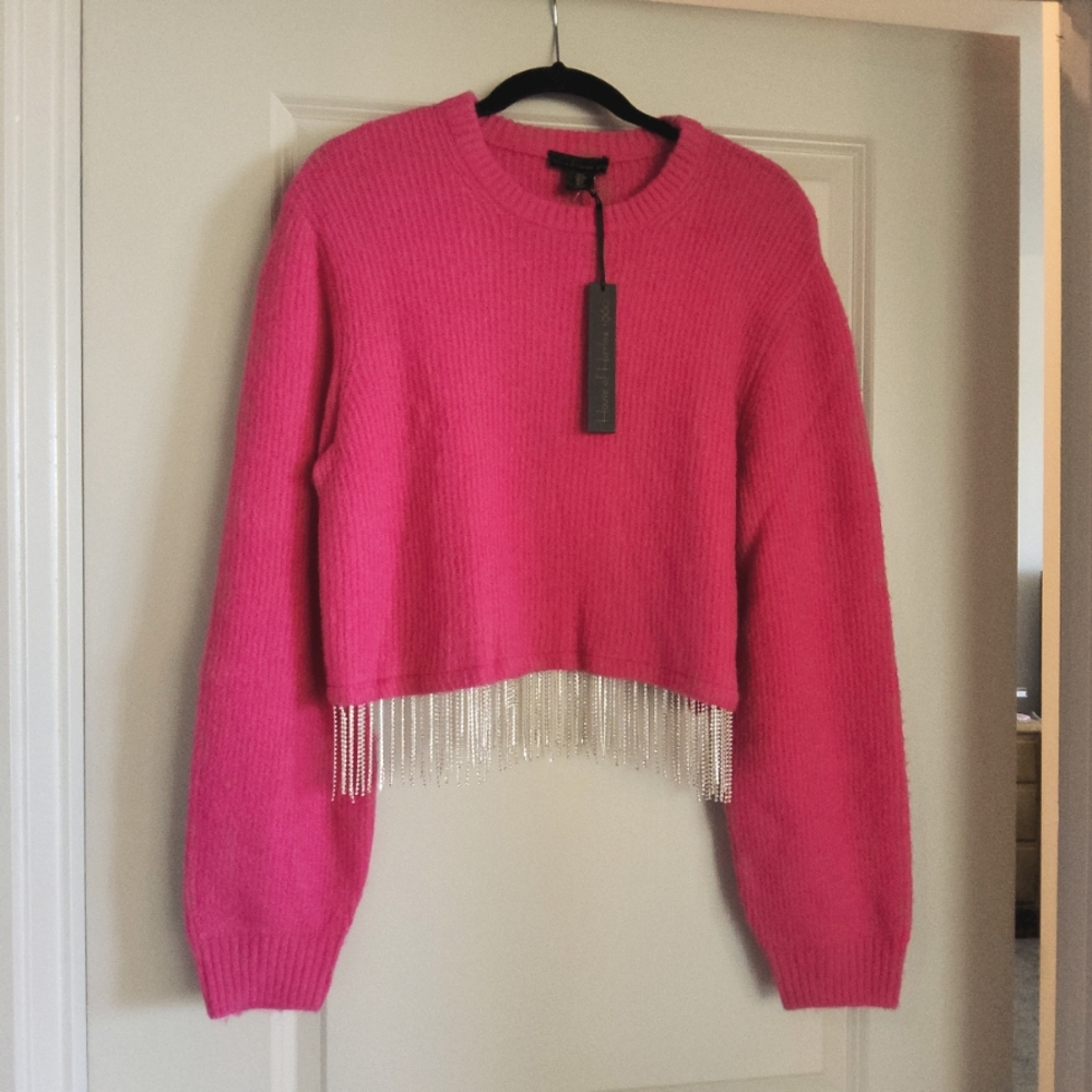 HOUSE OF HARLOW 1960 Rhinestone Silver Fringe Crop Sweater Oversized Bell Sleeve